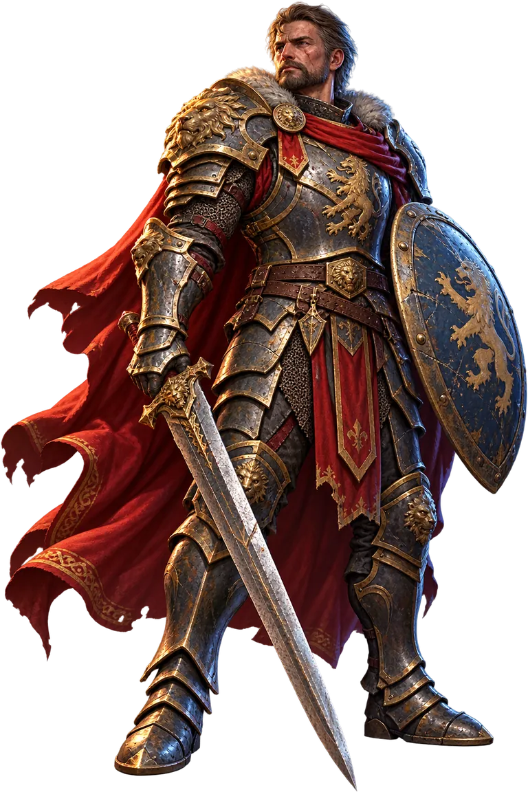 Sir Cedric de Valemont, the Warrior, in armor with sword and shield